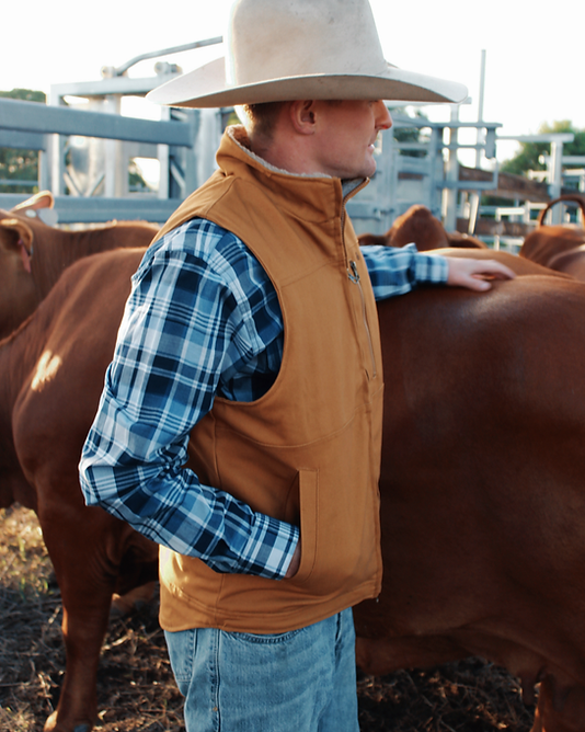 Person wearing a cowboy hat, brown vest, and blue plaid shirt standing next to a cow.