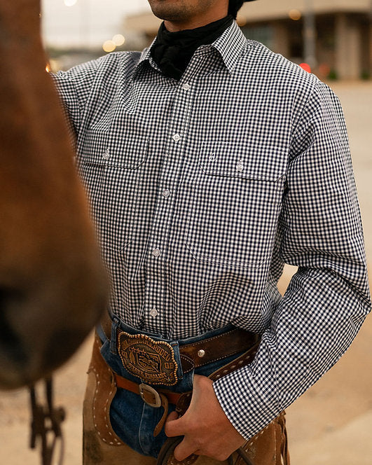 Person wearing a checkered shirt and brown chaps with a horse in the background