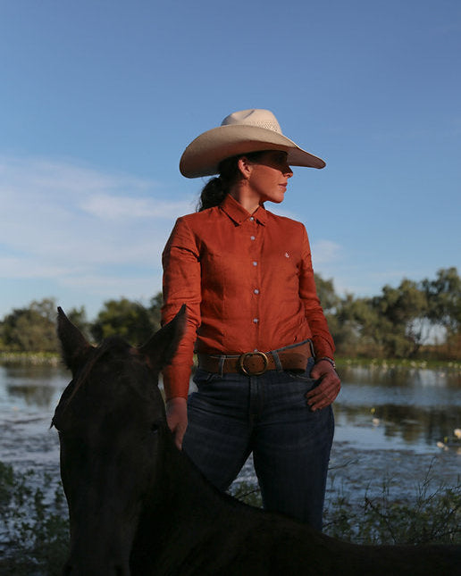 Person wearing a cowboy hat and sunglasses standing next to a horse by a body of water.