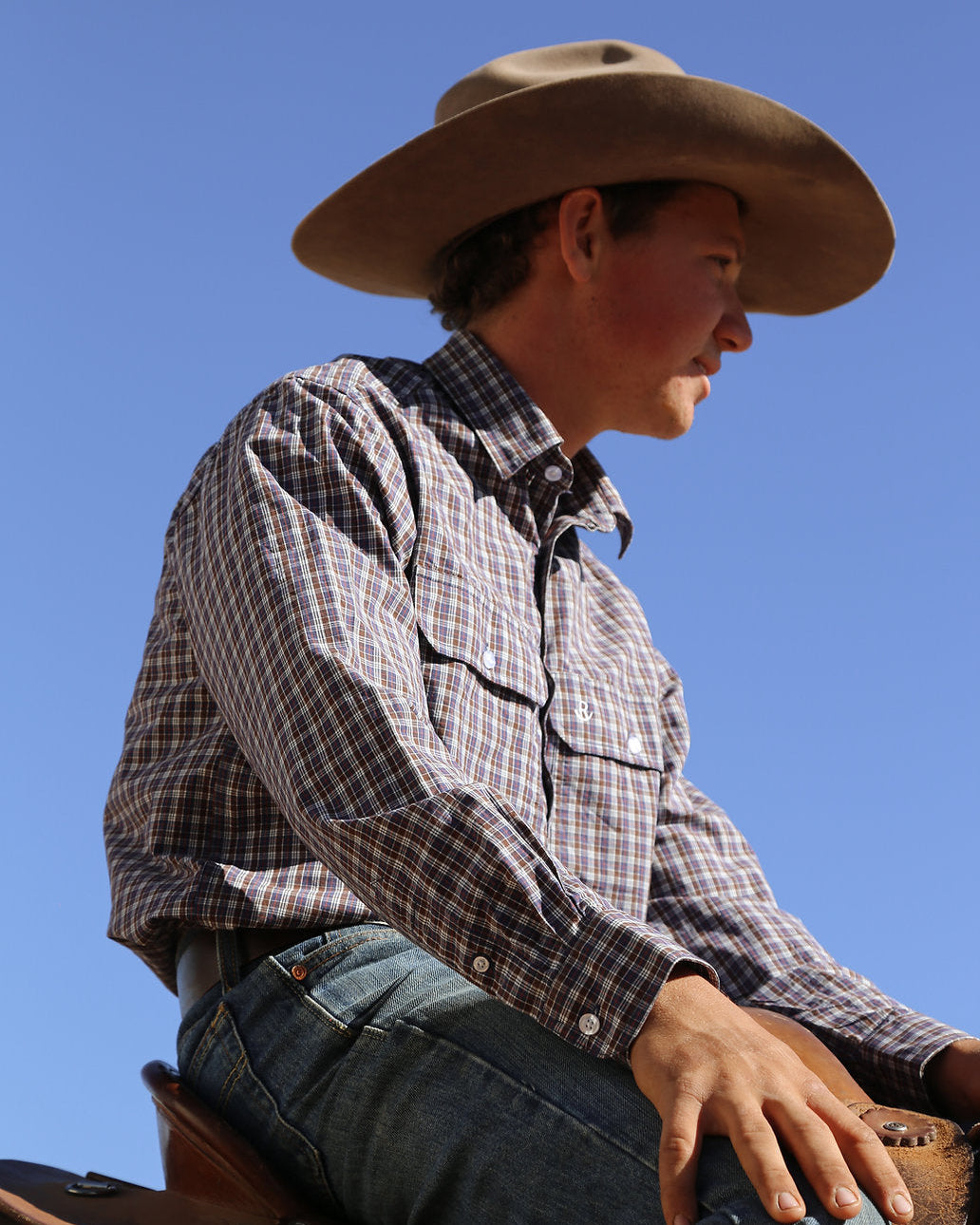 Person wearing a cowboy hat and plaid shirt sitting on a horse against a clear blue sky.